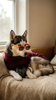 Stylish husky dog wearing orange sunglasses and burgundy sweater relaxing on couch with coffee mug in cozy living room interior for lifestyle content.