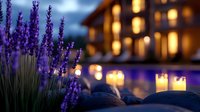 Lavender flowers in soft focus with illuminated house windows and warm lights glowing in evening twilight, creating a serene garden ambiance for relaxation and home design projects.