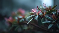 Close-up of fresh green leaves with pink tips and water droplets in soft natural light. Shallow depth of field creates dreamy bokeh background for nature photography.