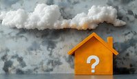 Orange house shape with question mark against dramatic stormy sky background, representing real estate uncertainty, housing market challenges, and property decisions.