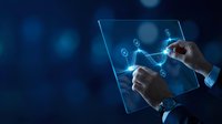 Businessman hands touching transparent tablet with glowing network connections and digital interface technology for modern business solutions.