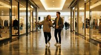 Young couple walking hand in hand through modern shopping mall with luxury storefronts and warm lighting for retail and lifestyle concepts.