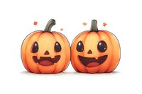 Cheerful cartoon jack o'lantern pumpkins with happy smiling faces and autumn leaves, drawn in cute kawaii style on white background, isolated design element.