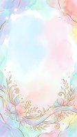 Pastel watercolor background with gold floral border, soft rainbow hues, and glitter accents, great for invitations and cards.