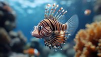 Majestic lionfish swimming in blue ocean water, displaying venomous spines and striped pattern against coral reef background in natural underwater habitat.