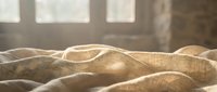 Soft natural linen fabric with warm sunlight streaming through window creating cozy textile background for home decor and interior design projects.