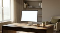 Modern home office workspace with computer monitor displaying blank white screen on wooden desk in cozy living room interior for remote work productivity.