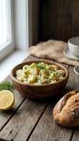 Potato salad with fresh dill and vegetables served in wooden bowl on rustic table with bread and lemon, suitable for food blogs and recipe websites.