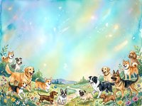 Golden retriever, labrador, corgi, dachshund, and German shepherd dogs playing together in sunny meadow with wildflowers and rolling hills landscape background.