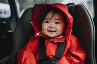 Smiling Asian baby wearing bright red raincoat and secured in car seat during rainy day travel, capturing pure joy and safety in childhood moments.