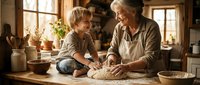 Grandmother and grandson baking together in rustic kitchen, kneading dough on wooden table. Family bonding, cooking lessons, homemade bread making activity.