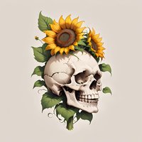 Artistic human skull adorned with vibrant sunflowers and green leaves, creating contrast between life and death symbols on neutral background.