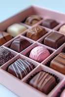 Assorted luxury chocolate pralines and truffles in pink gift box. Dark, milk and white chocolate bonbons with various decorative toppings and fillings. Close-up food photography.
