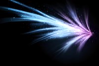 Glowing blue and purple light rays burst through darkness with sparkling particles, creating dynamic motion effect for backgrounds and abstract designs.