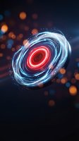 Futuristic digital vortex with glowing red center and blue energy rings against dark background with bokeh lights for technology concepts.