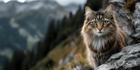 Majestic long-haired tabby cat sitting on rocky mountain ledge with blurred alpine landscape background. Outdoor wildlife photography for nature content.