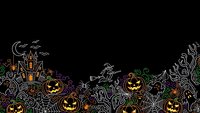 Halloween border with spooky pumpkins, haunted house, witch and decorative swirls on black background for seasonal designs and party invitations.