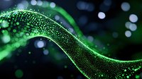 Glowing green wave made of particles on dark background with bokeh effect creates futuristic abstract visualization for technology and science designs.