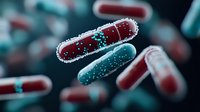 Red and turquoise medical capsules with glowing particles floating on dark background, macro photography with selective focus and bokeh effect for pharmaceutical design.