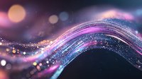 Glowing abstract wave with sparkling particles in pink and blue colors against dark background creates magical atmosphere for festive designs.