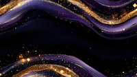 Purple and gold flowing waves with glitter sparkles on black background create luxurious abstract pattern for elegant design projects and festive decorations.