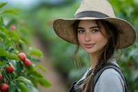 Young woman in straw hat harvesting coffee berries on plantation, smiling at camera with natural green background and ripe red fruit.