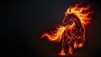 Fiery horse galloping with flames forming mane and tail against dark background. Fantasy fire creature with glowing orange and red energy effects.