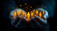 Glowing human figures rising from cupped hands against dark background with magical light particles and bokeh effects, representing hope and spiritual awakening.