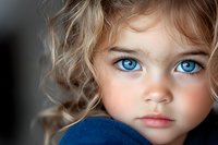 Close up portrait of young Caucasian girl with striking blue eyes and blonde curly hair wearing blue sweater, soft natural lighting creates gentle mood.