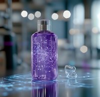 Purple glass bottle with constellation pattern and crystal on reflective surface against blurred bokeh background, modern luxury cosmetic packaging design.