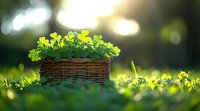 Fresh green clover leaves in woven basket on grass with soft bokeh background, natural morning sunlight creates magical garden atmosphere. Perfect for St Patrick's Day.