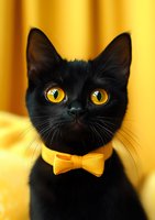 Black cat with bright yellow eyes wearing yellow bow tie against golden background, creating striking contrast and elegant appearance for pet portraits.