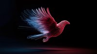 Glowing red and blue dove in flight against dark background, luminous wings spread wide creating ethereal light trails, artistic digital illustration for spiritual concepts.