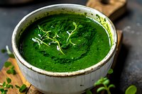 Fresh green spinach soup garnished with microgreens in rustic ceramic bowl on dark background. Healthy vegetarian meal preparation.