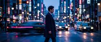 Professional businessman walking across busy city street at night with colorful neon lights and traffic creating urban atmosphere for business concepts.