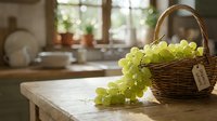Fresh green grapes spilling from wicker basket on marble countertop in bright kitchen with windows, ideal for food and lifestyle content.