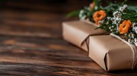 Wrapped kraft paper gift box with orange and white flowers on rustic wooden surface, suitable for holiday, birthday, and celebration packaging design projects.