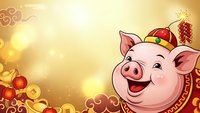 Cheerful pig in traditional red hat with golden coins and decorative elements on warm bokeh background for lunar new year celebrations.