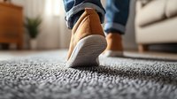 Person wearing brown suede slippers walking on gray carpet, close-up view from behind showing casual comfort at home, selective focus on footwear and textile texture.