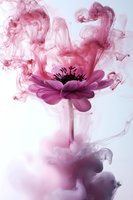Pink anemone flower dissolving into delicate smoke swirls against white background, creating ethereal artistic composition with purple and rose tones.