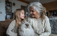 Loving moment between senior woman and young girl with fluffy cat on cozy sofa, sharing warm connection in home setting.