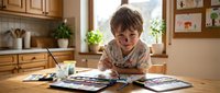 Young Caucasian boy painting with watercolors at wooden kitchen table, creative art activity at home with natural lighting and cozy domestic atmosphere.