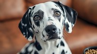 Dalmatian dog with expressive eyes and spotted black and white coat looking attentively at camera, close-up portrait against blurred background with pet food bowl.