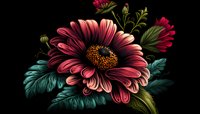 Pink gerbera daisy flower with turquoise leaves on black background, detailed botanical illustration showing delicate petals and natural textures.
