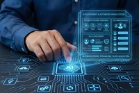 Businessman touching AI processor chip with holographic interface displaying automated systems and data analytics on futuristic digital workspace.