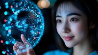Young Asian woman holding glowing digital sphere with network connections and data particles, representing technology innovation and futuristic concepts.