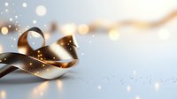 Elegant golden ribbon with glowing sparkles and bokeh lights on soft blue background creates magical festive atmosphere for holiday designs.