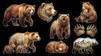 Brown bears in various poses and angles, isolated on transparent background, ready for t-shirt design, clipart, stickers, sublimation, and print-on-demand products.