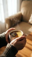 Person holding warm tea with lemon slice in cozy interior setting. Relaxation and comfort concept for wellness, lifestyle, and home beverage photography.