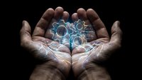 Cupped hands holding glowing digital gears and cogs with futuristic interface elements on dark background for technology concepts.